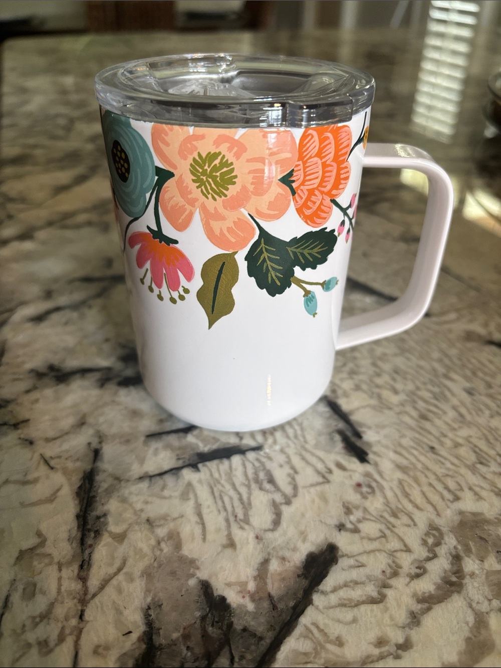 Rifle Paper Co. White Travel Mug with Peach & Teal Floral Design